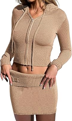 HEZIOWYUN Women 2 Piece Sweater Set Off Shoulder Floral Knit Pullover Top and Zipper Knitted Shorts Suit Spring OutfitsSkirt Khaki,Small