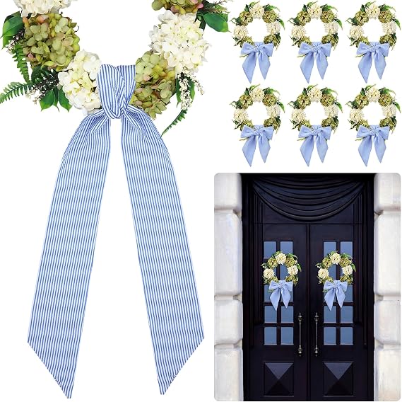 6 Pcs Wreath Sash for Front Door Blue Striped Bow Garland 4.5" x 56"