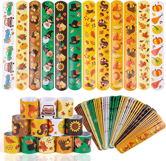 Thanksgiving Slap Bracelets,48PCS Fall Wristband Bracelets for Kids Fall Thanksgiving Gifts Party Favor Classroom Prizes Rewards Exchange Gift