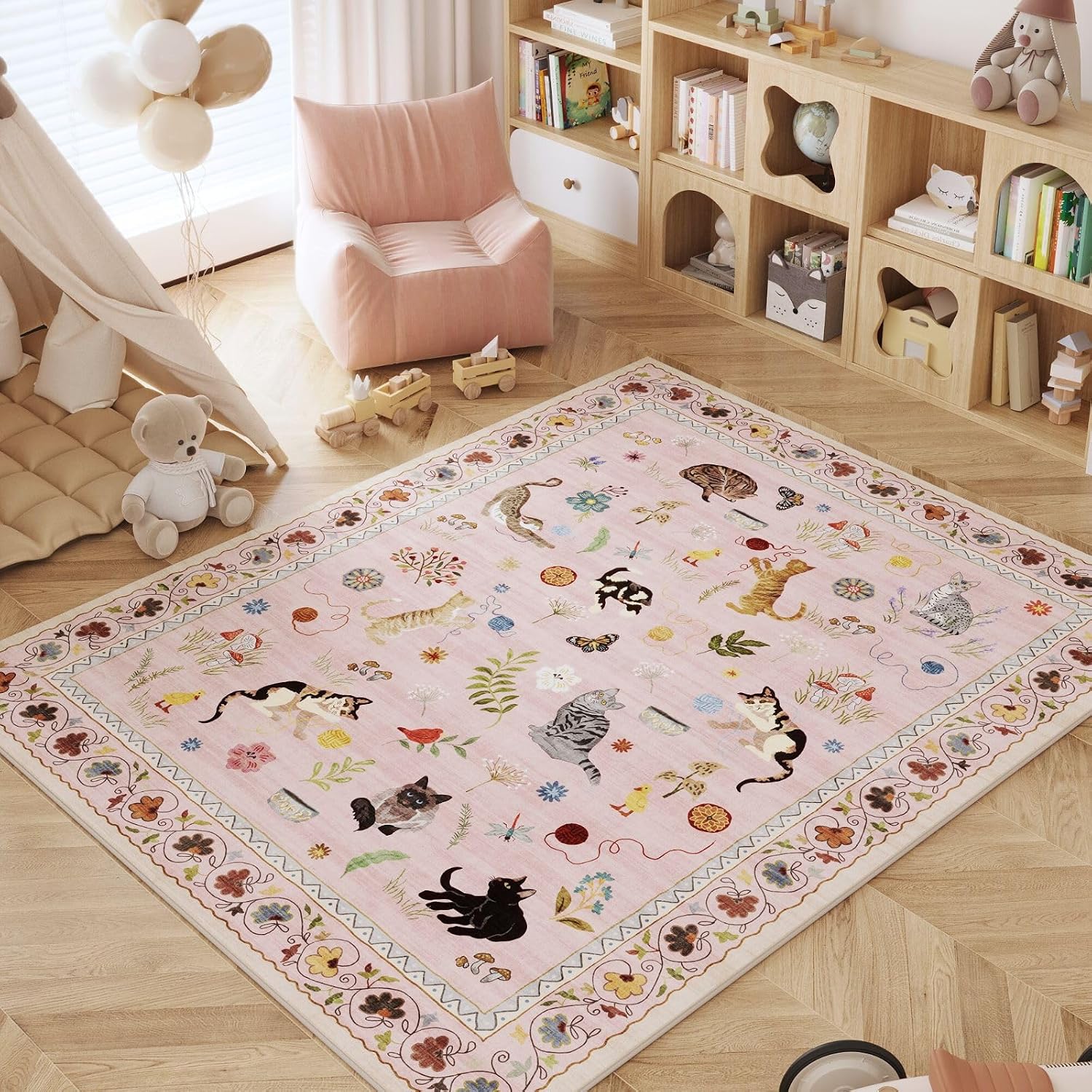Rugcomf Bedroom Rug 3x5 Rugs Washable Area Rug Non-Slip Low Pile Boho Floral Animal Cat Small Carpet Bedroom Bedside Kitchen Entryway Kids Room Office College Dorm Essential for Girls Pink