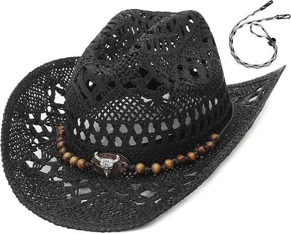 Straw Cowgirl Hat for Women Men Western Cowboy Hat Woven Hollow Out Wide Brim Sun Hat with Chin Strap