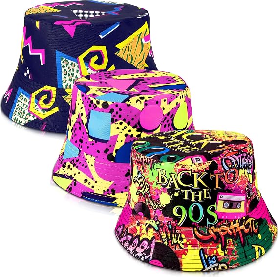 Sintege 3 Pcs 80s 90s Bucket Hats Vintage Print Bucket Hat Retro Rapper Cap 80s Accessories for Men Mardi Gras Outdoor Summer Fisherman Cap for Men Women 90s Party Supplies Multicolored