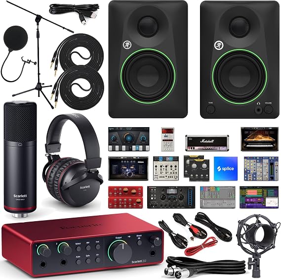 Focusrite Scarlett 2i2 Studio 3rd Generation USB Audio Interface and Recording Bundle with Monitor, Boom Microphone Stand, Microphone Cable, Pop Filter, Interconnect Cable 6 Items