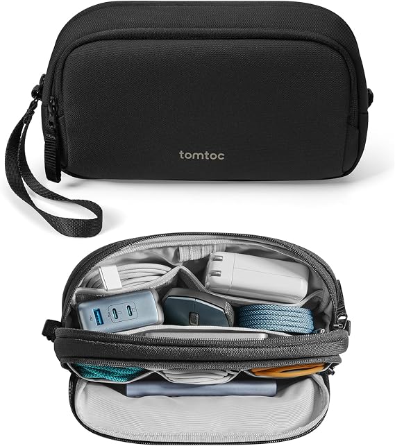 tomtoc Electronic Organizer Travel Case, Dual Compartment Tech Organization | Water Resistant Cable Pouch Storage Bag for Charger, Cord, Phone, Hard Drive, Power Bank, Accessories Travel Essentials