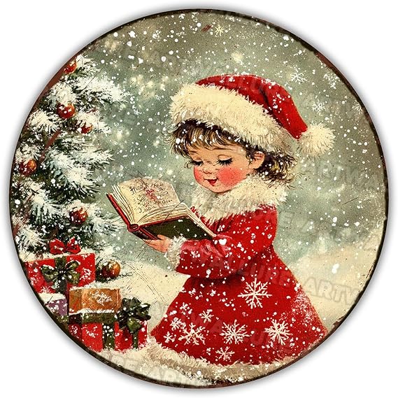 Vintage Girl Reading Sign - Round Christmas Aluminum Metal Plaque, Funny Holiday Wall Art for Home, Office, Cafe and Library Decor 8x8Inch