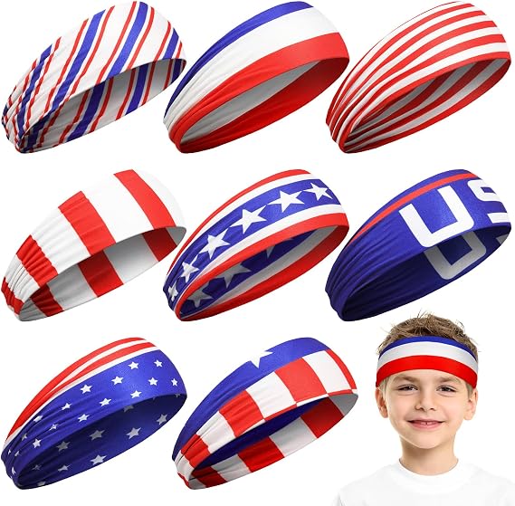 Sosation 8 Pcs 4th of July Headbands Kids Sports Headbands Boys Baseball American Flag Hair Band for Youth Players, USA Running Sweatbands for Independence Day
