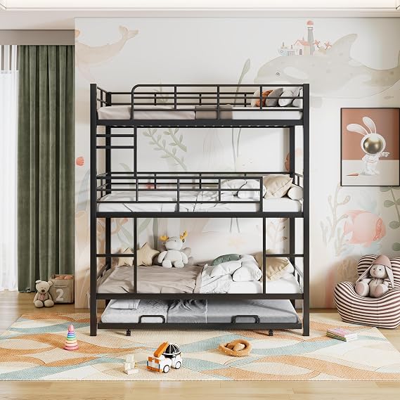 RuiSiSi Triple Bunk Bed Twin Over Twin Over Twin with Trundle for 4 Heavy Duty Metal Bunk Beds Frame, Can Be Divided Into 2 Beds(Black)