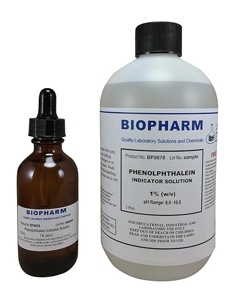 Biopharm Phenolphthalein Indicator, 1% (w/v), 500 mL & 50 mL Dropper Bottle | Safer, Non-Flammable Formula. Dropper Bottle Contains 50 mL of Solution. Easy-Dispense Pint Cap. Great for Soapmaking & More