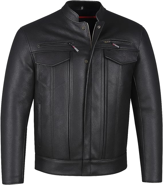 COMMUTER Men's Motorcycle Jacket, Premium Buffalo Leather, CE Armor - Ventilation, Utility Pockets, Cruiser Biker Black M