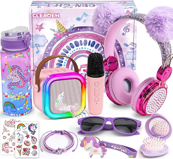 Cleboen Unicorn Gift for Girls Toys with Kids Karaoke/Microphone/Headphone/DIY Water Bottle/Keychain/Bracelet/Comb, Christmas Birthday Gifts for Girls 3 4 5 6 7 8 9 10+ Year Old Girl Gift Unicorn Toys