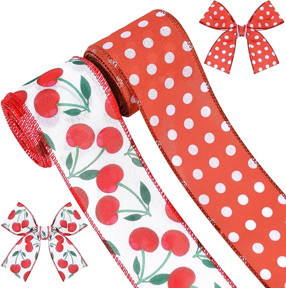 2 Rolls 10 Yards Cherry Wired Edge Ribbon 2.5 Inch Summer Fruit Craft Fabric Ribbon Red White Polka Dot Burlap Ribbon for Gift Wrapping DIY Wreath Bow Making Farmhouse Party Decoration