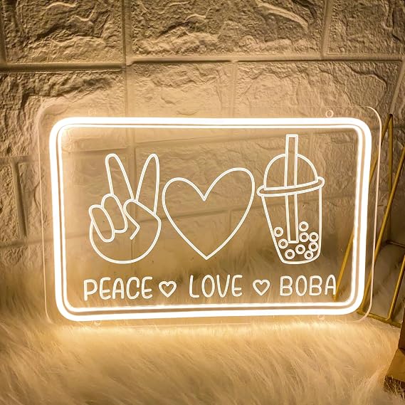 Boba Neon Signs Peace&Love&Boba Dimmable Neon Light Signs Bubble Tea Milk Tea Shop Bar Windows Wall Sign Decor Girls Kids Bedroom Living Room Gift