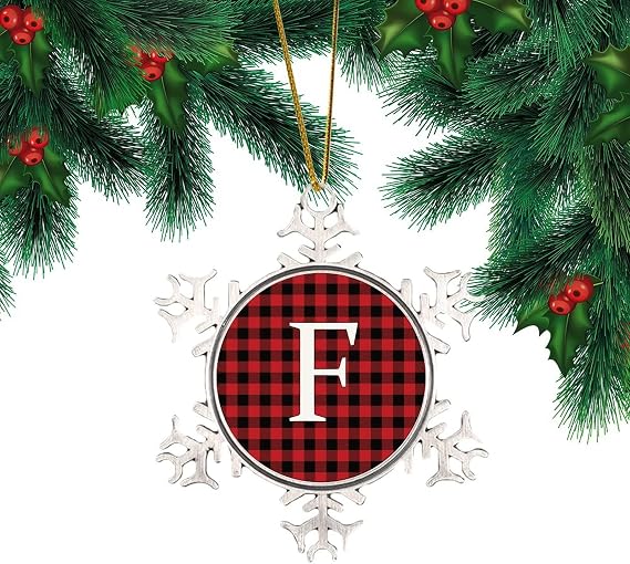 Christmas Initial F Pewter Snowflake Ornament Red and Black Buffalo Check Plaid Keepsake Metal Ornament 2023 Xmas Trees Decorations Keepsake Gifts Best Gifts for Christmas