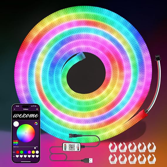 LED Rope Lights, 16.4ft Neon LED Lights Strip with 360 Degree Luminous, 5V USB Flexible IP67 Waterproof Music Sync Remote APP Control Gaming Lights Accessories for Bedroom Outdoor Decor