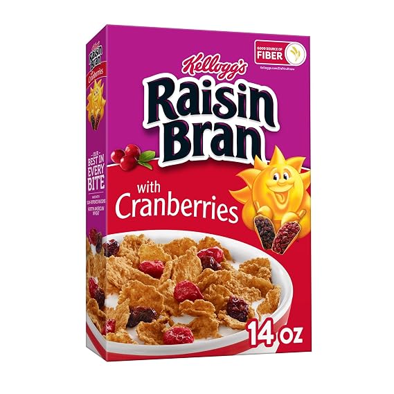 Kellogg's Raisin Bran Cold Breakfast Cereal, Fiber Cereal, Heart Healthy, Original with Cranberries, 14oz Box (1 Box)
