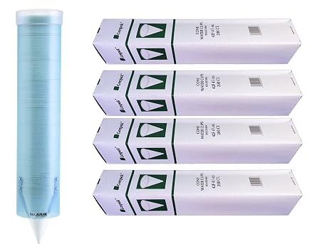 MC Distributors Cone Cup & Dispenser Bundle - Genpak Compostable 4.5 oz. Paper Cone Water Cup 4-Pack & San Jamar C3165FBL Wall Mount Dispenser Tube