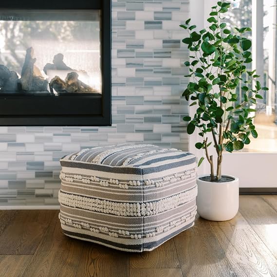 CG Hunter Pouf Ottoman, Square, Hand Woven Loop and Striped, Home Decor