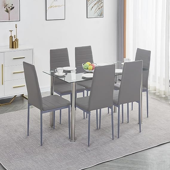 7 Pieces Dining Room Set for 6, Rectangular Dinette Table Set, Contemporary Kitchen Table and 6 Chairs for Home Kitchen/Dinette/Restaurant