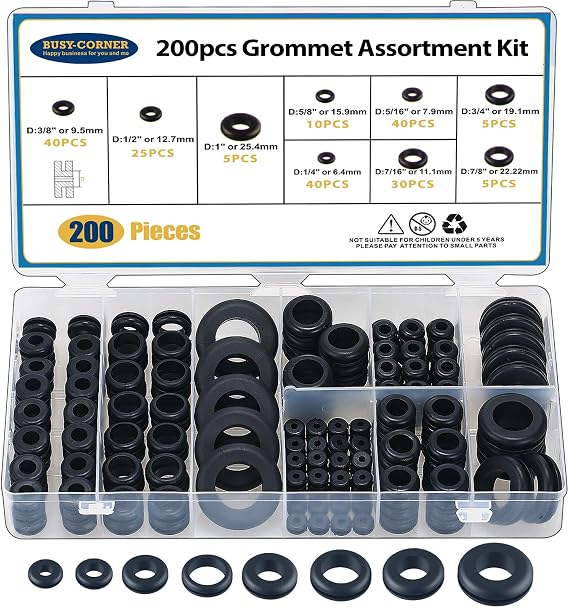 200 PCS Hollow Rubber Grommet Firewall Hole Plug Assortment, Rubber Grommet kit 1/4", 5/16", 3/8", 7/16", 1/2", 5/8", 3/4'', 7/8", 1''