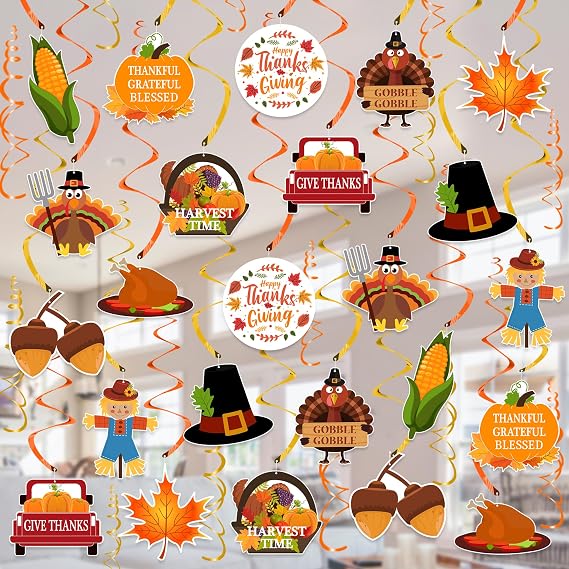 Thanksgiving Decorations Hanging Swirl - 36Pcs Thanksgiving Hanging Ceiling Streamers - Turkey Corns Pumpkin Maple Leaves Swirls for Home Indoor Outdoor Party Office Decor Supplies (NO DIY Required)
