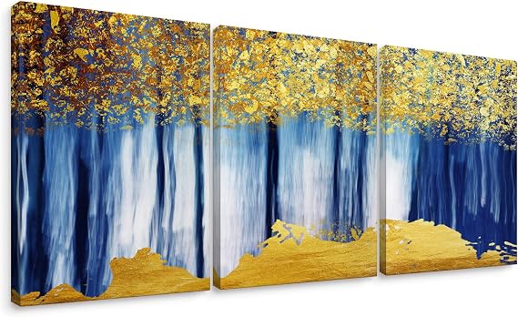 Niwo ART - Forrest - Gold and Blue, 3-Panel Triptych Art, Canvas Wall Art Home Decor, Gallery Wrapped, Stretched, Framed Ready to Hang (18"x12"x1.5")
