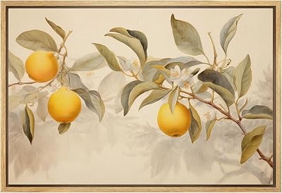 wall26 Framed Canvas Peach Fruit Watercolor Art and Illustrations for Living Room, Bedroom, Office - 16x24 Natural