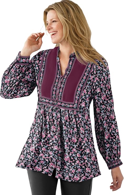 Woman Within Button-Front Mixed Print Tunic
