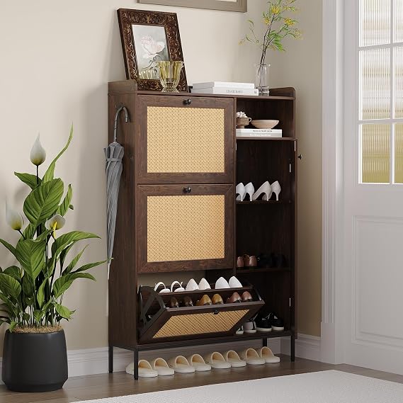 Jojoka 3-Door Shoe Cabinet with 4 Adjustable Shelves, Breathable Rattan Flip-Down Shoe Storage Organizer for Entryway, Freestanding Closet Organizer for Hallway Living Room