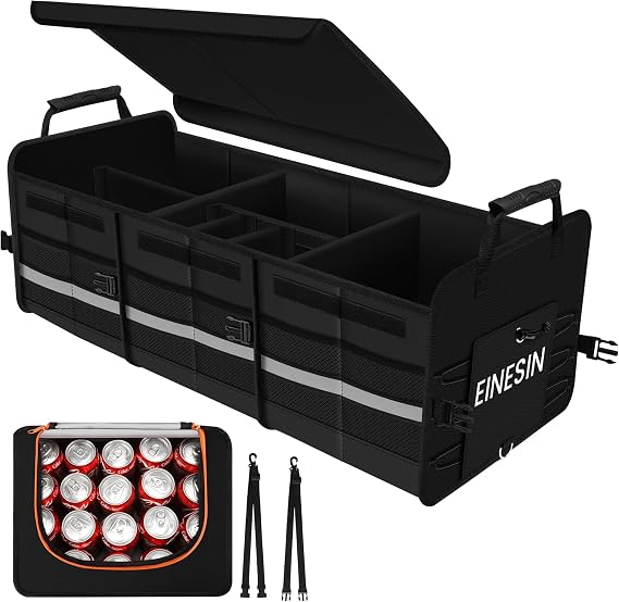 Einesin Car Boot Organiser with Cooler Bag, Extra Large Premium Expandable Compartments, Foldable Car Organiser, Trunk Organiser for Most Vehicles & Indoor (82x36x30cm)