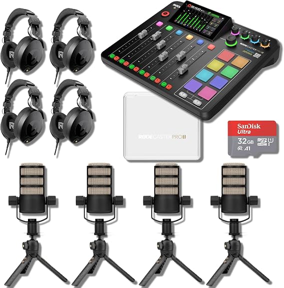 Rode RODECaster Pro II Audio Production Console with 4x PodMics, Tripod 2, NTH-100, RODECover II, 32GB microSD Card and XLR Cables