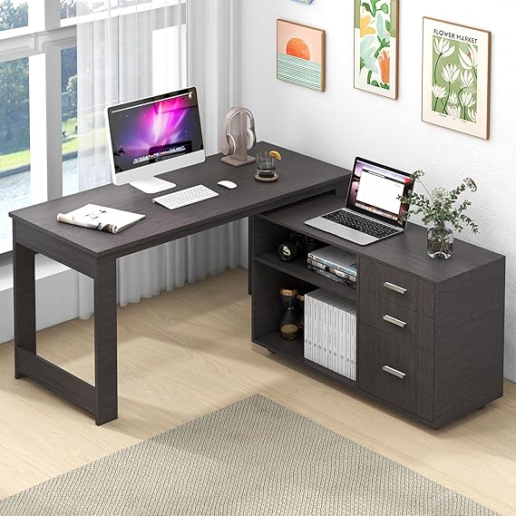 MU 55inch L Shaped Desk, Corner Computer Desk with 3 Drawers and 2 Shelves, Writing Office Table with Storage File Cabinet, Large Executive Desk with Wheels for Home Office, Bedroom (Grey)