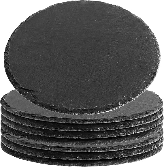 FUNSUEI 8 Pack 8 Inch Black Slate Cheese Board, Round Slate Charcuterie Platters for Meat, Fruit, Cheese, Sushi, Appetizers, Kitchen Dining Serving Tray, Party Supplies