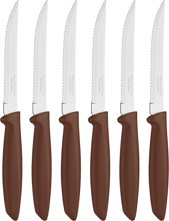 Tramontina Kitchen Knives Set of 6, Serrated Fruit Tomato Cooking Knife, Vegetable Chopper Peeler, Stainless Steel, Multipurpose, Pointed Tip, Brown, 23498454
