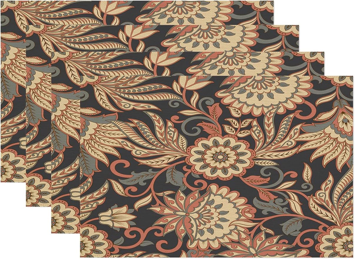 Batmerry Beige and Brown Placemats, Vintage Flowers Ethnic Floral Indian Batik Style Woven Burlap Modern Placemats for Dining Table Kitchen Farmhouse Wedding Decor Indoor Set of 4