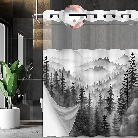 Forest Hookless Shower Curtain with Snap in Liner, Nature Mountain No Hook Double Layer Shower Curtain and Liner Set, Ringless with Window Waterproof Cloth Fabric, 71 W x 74 L, Black
