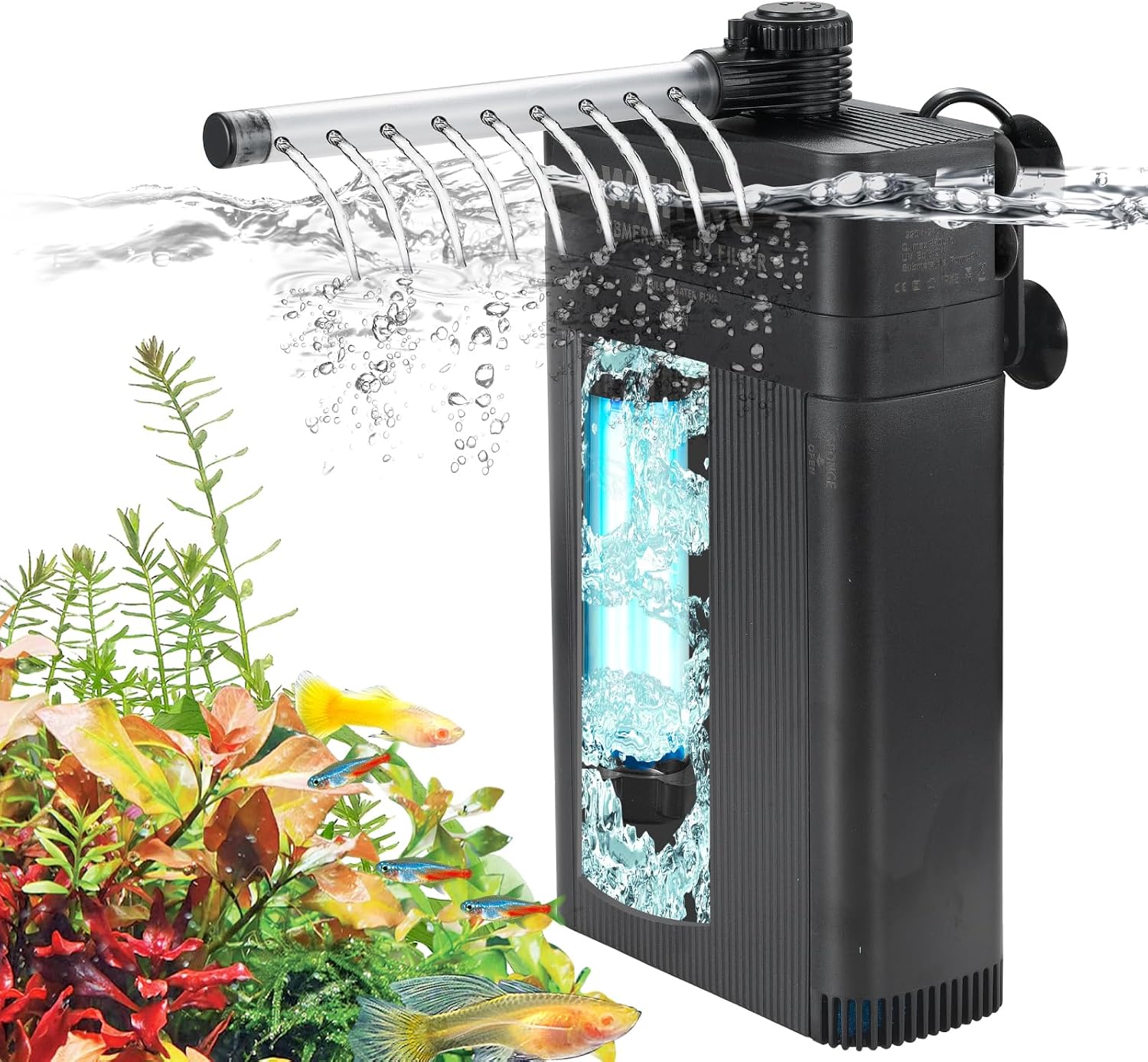 Internal Fish Tank Filter with 5W UV Light, Multi Filter Materials, Adjustable Water Flow Submersible 700LH Aquarium Filter Pump for 120l ~ 180l Freshwater or 70l ~ 100l Saltwater, TU-700700LH