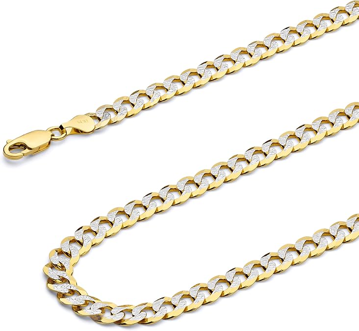 14k REAL Yellow/White/Two Tone Gold Solid 14mm, 12mm, 9.5mm, 8mm, 7mm, 6mm, 5mm, 4mm, 3mm, 2.5mm, 2mm Cuban Concave Curb Chain Necklace/Bracelet