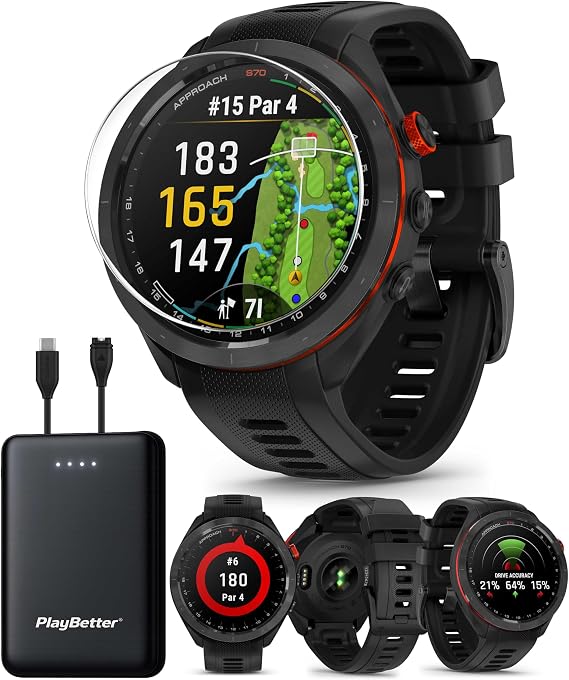 Garmin Approach S70 (Black, 47mm) Golf GPS Smartwatch PlayBetter Bundle