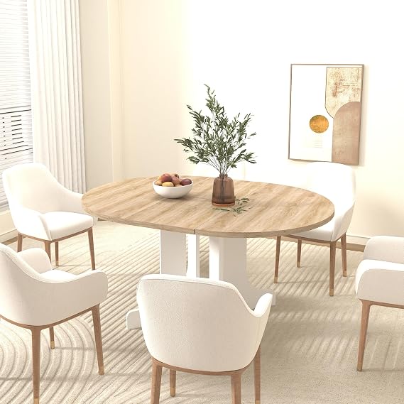 Extandable Dining Table, Oval Shape, 4-8 Person, X-Base Trestle Design with Removable Leaf Natural