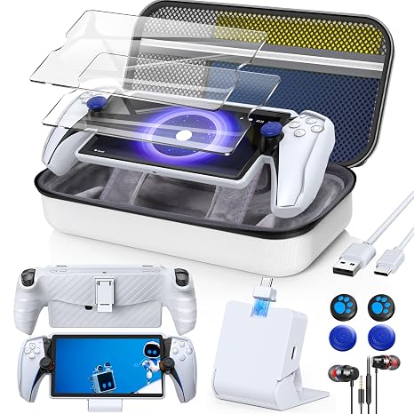 13 in 1 Accessories Set for Playstation Portal, Carrying Case for PS Portal for Playstation Consoles,TPU Cover with Kickstand,Portable Charging Dock,2 Screen Protector,4 Thumb Grip,Earbud Headphones