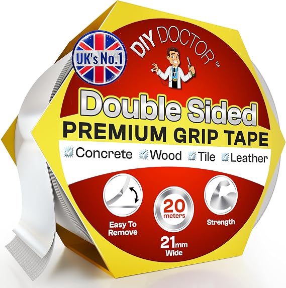DIY Doctor Heavy Duty Double Sided Carpet Tape 20m Long x 21mm Wide, No Residue Extra Strong Sticky Rug Grip Adhesive Tape, Ideal for Home & Professional Use