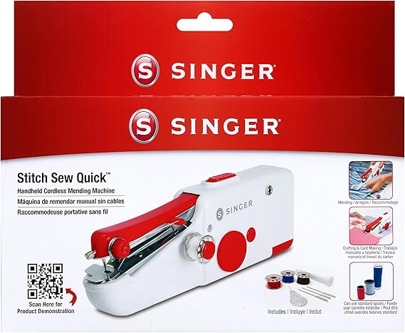 SINGER Stitch Sew QuickTM Portable Handheld Cordless Mending Machine | Cordless handheld mending machine for fast repairs on curtains, bedding and clothes; single-thread, includes bobbins/needles