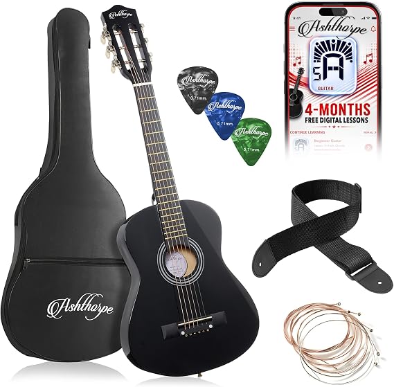 Ashthorpe 30-inch Kids Acoustic Guitar (Black), Beginner Starter Kit with Gig Bag, Extra Strings, Strap, Picks, and Lessons