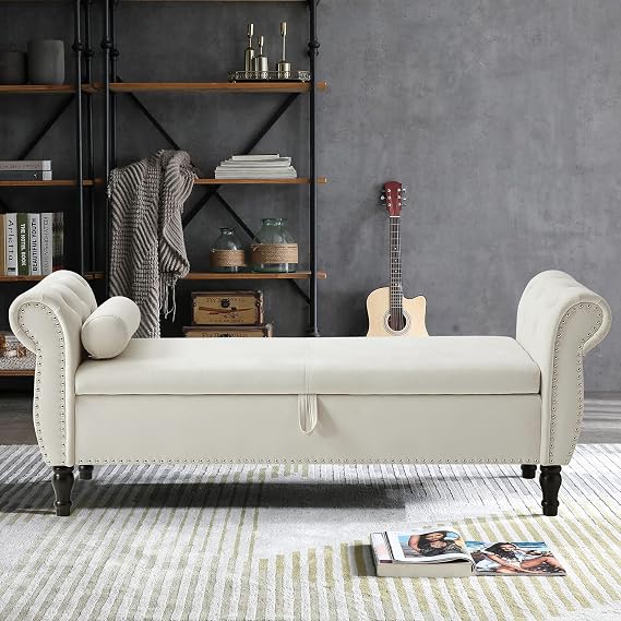 Storage Bench for Bedroom End of Bed, 63" Long Velvet Tufted Upholstered Storage Ottoman Bench for Bedroom, Rolled Arm Nailhead Trim with Pillow(Beige)