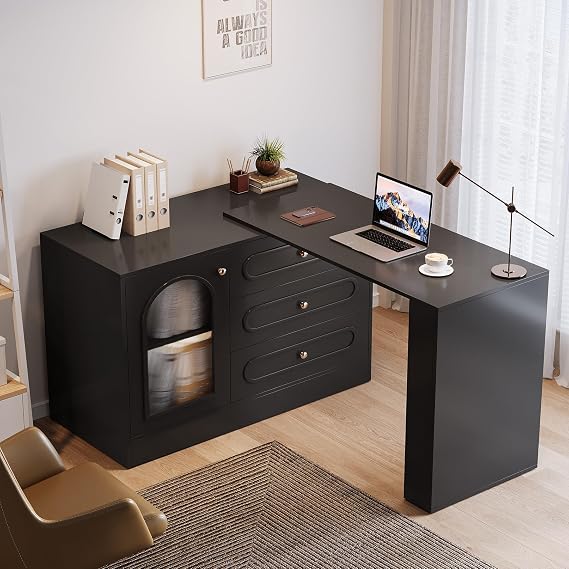 Tribesigns L Shaped Desk with 3 Drawers, Reversible Corner Desk with Storage, 360 Rotatable Study Table with Adjustable Shelves for Home Office, Writing Table Workstation for Bedroom (Black)