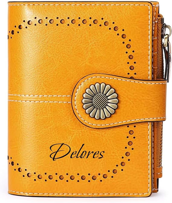 Custom Small Wallet,Engraved Name Wallets with RFID Blocking Clutch Purse Bifold Credit Card Holder with Zipper Coin Pocket for Women (Genuine Leather, Wax-Antique Yellow)