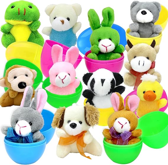 Tuzuaol 12 Pcs Easter Eggs Filled with Mini Plush Animals Toy for Easter Basket Stuffers, Prefilled Easter Eggs for Easter Party