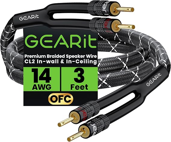 GEARit 14AWG Premium Heavy Duty Braided Speaker Wire Cable (3 Feet) Dual Gold Plated Banana Plug Tips - in-Wall CL2 - Oxygen-Free Copper (OFC) Black