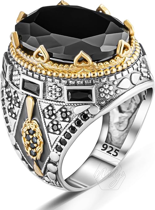 925 Sterling Silver Black Cubic Zirconia Stone Ottoman Turkish Handmade Men Ring