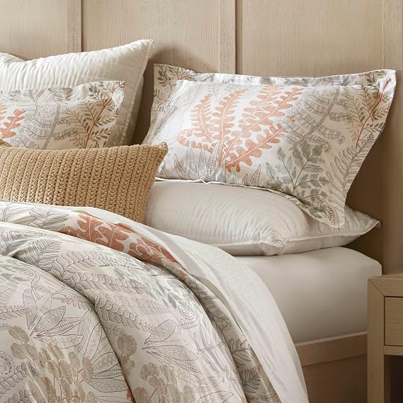 Harbor House Luxury T300 100% Cotton Sateen King Duvet Cover Set Silky-Smooth & Breathable, Leaves Print, Knife Edge Finish, Shell Button Closure, Includes Shams
